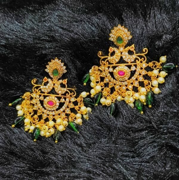 Traditional Gold Plated Ethnic Earrings with Green Beads and Pearls