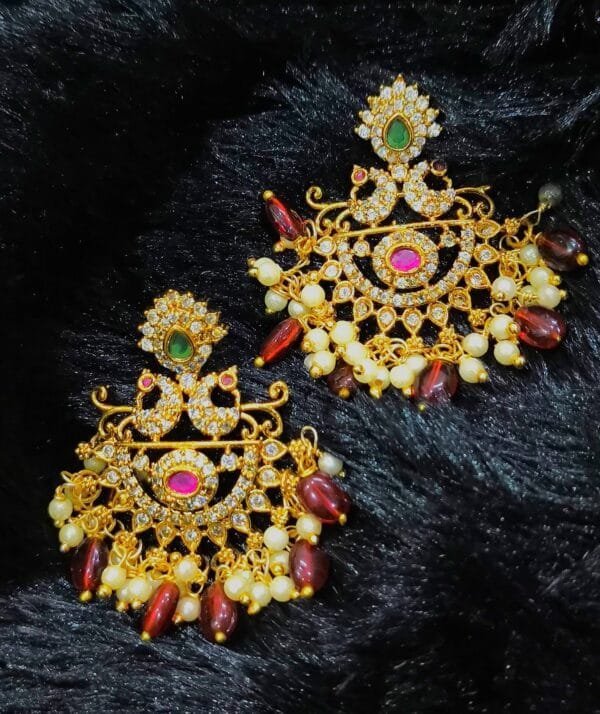 Traditional Gold Plated Ethnic Earrings with Pearls & Red Beads for Women