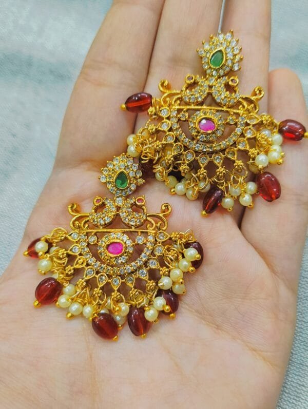 Traditional Gold Plated Ethnic Earrings with Pearls & Red Beads for Women