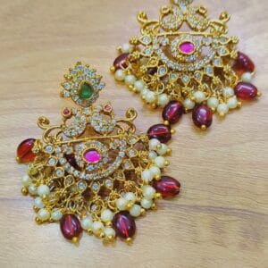 Traditional Gold Plated Ethnic Earrings with Pearls & Red Beads for Women