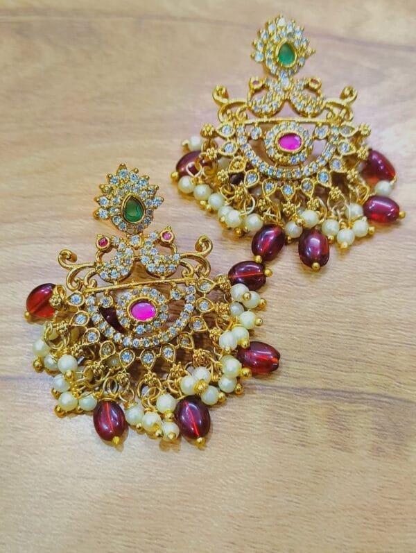 Traditional Gold Plated Ethnic Earrings with Pearls & Red Beads for Women