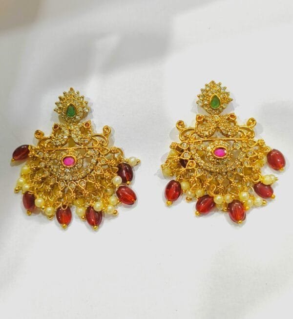 Traditional Gold Plated Ethnic Earrings with Pearls & Red Beads for Women