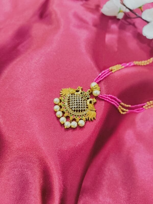Traditional 1 Gram Gold Plated Necklace for Women – CZ Studded Pendant with Pink Crystal Beads & Pearl Drops