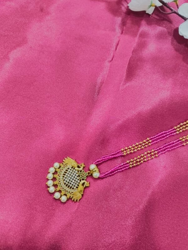 Traditional 1 Gram Gold Plated Necklace for Women – CZ Studded Pendant with Pink Crystal Beads & Pearl Drops