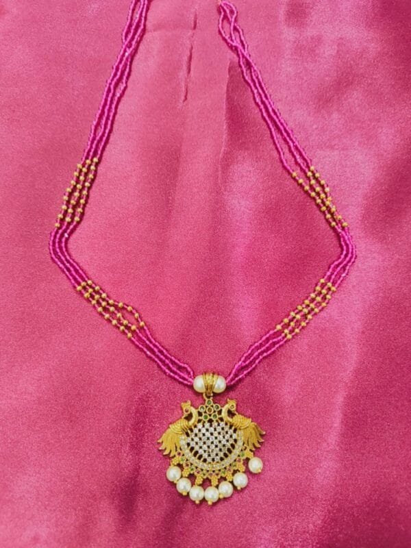 Traditional 1 Gram Gold Plated Necklace for Women – CZ Studded Pendant with Pink Crystal Beads & Pearl Drops