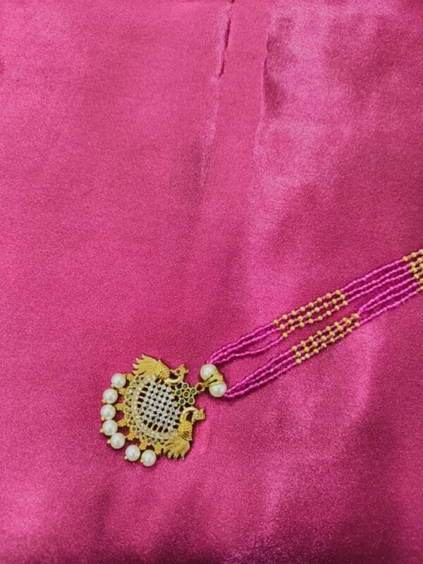 Traditional 1 Gram Gold Plated Necklace for Women – CZ Studded Pendant with Pink Crystal Beads & Pearl Drops