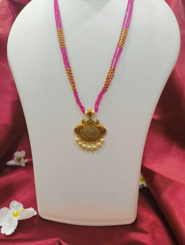 Traditional 1 Gram Gold Plated Necklace for Women – CZ Studded Pendant with Pink Crystal Beads & Pearl Drops