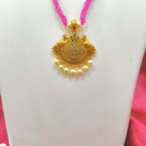 Traditional 1 Gram Gold Plated Necklace for Women – CZ Studded Pendant with Pink Crystal Beads & Pearl Drops