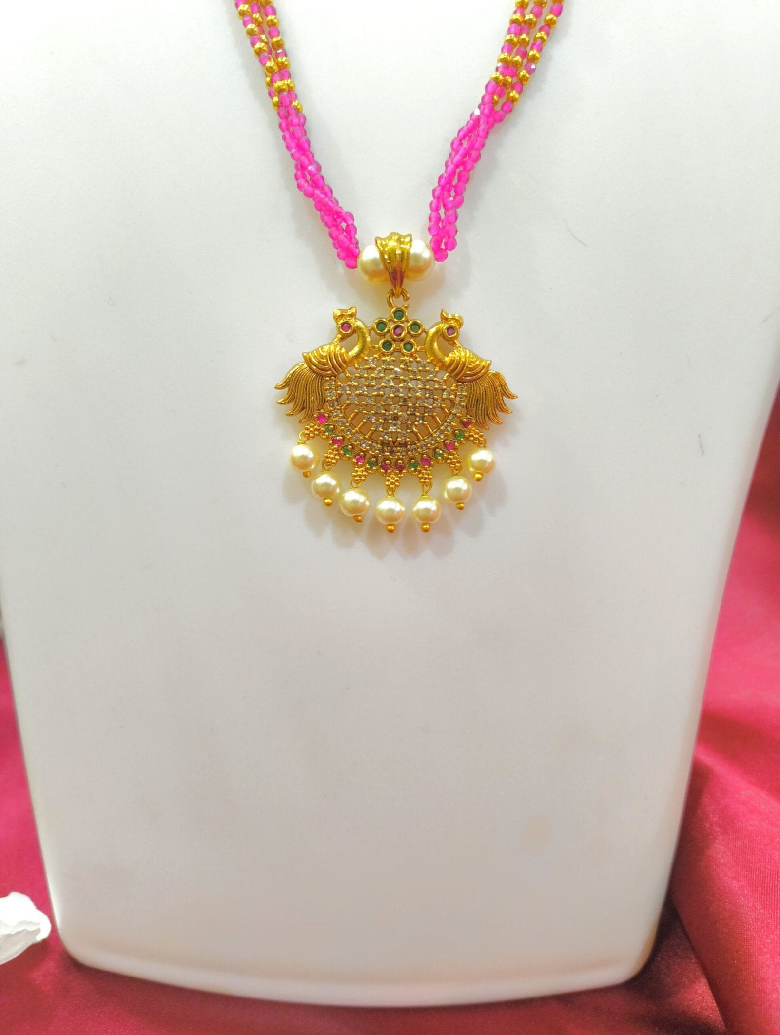 Traditional 1 Gram Gold Plated Necklace for Women – CZ Studded Pendant with Pink Crystal Beads & Pearl Drops