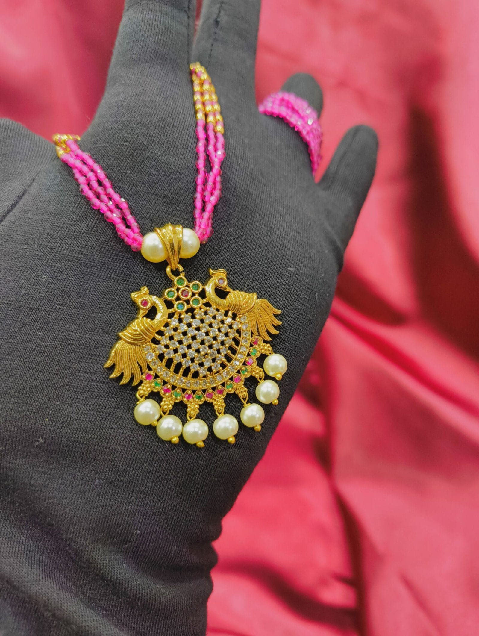 Traditional 1 Gram Gold Plated Necklace for Women – CZ Studded Pendant with Pink Crystal Beads & Pearl Drops