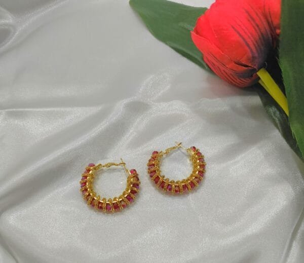 Gold Plated Red Crystal Beaded Hoop Earrings for Women & Girls – Festive and Party Wear