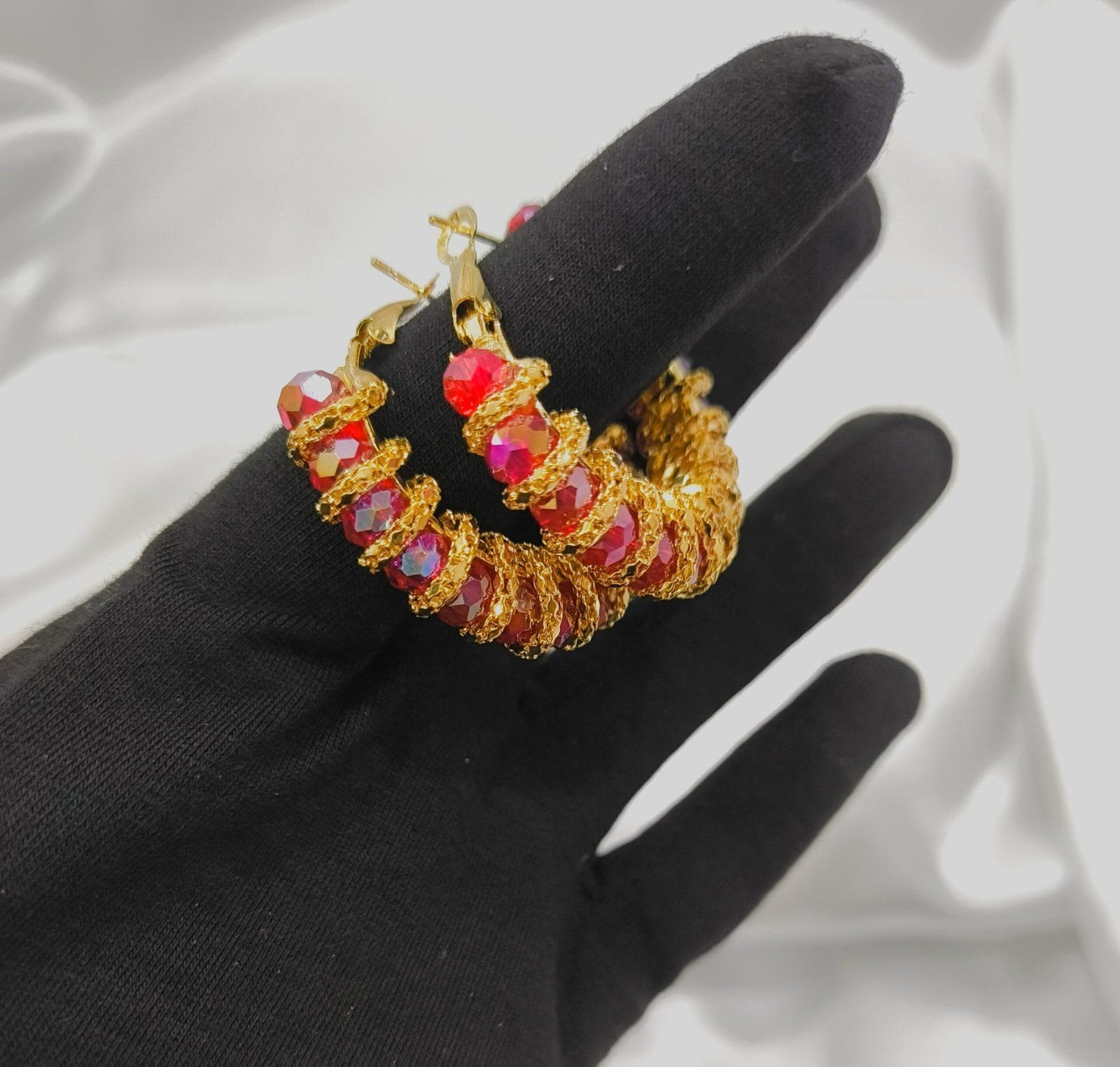 Gold Plated Red Crystal Beaded Hoop Earrings for Women & Girls – Festive and Party Wear