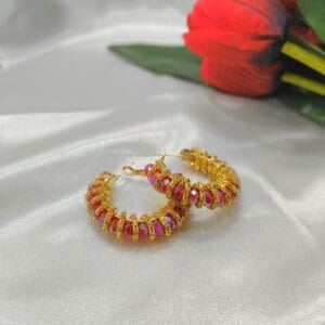 Gold Plated Red Crystal Beaded Hoop Earrings for Women & Girls – Festive and Party Wear