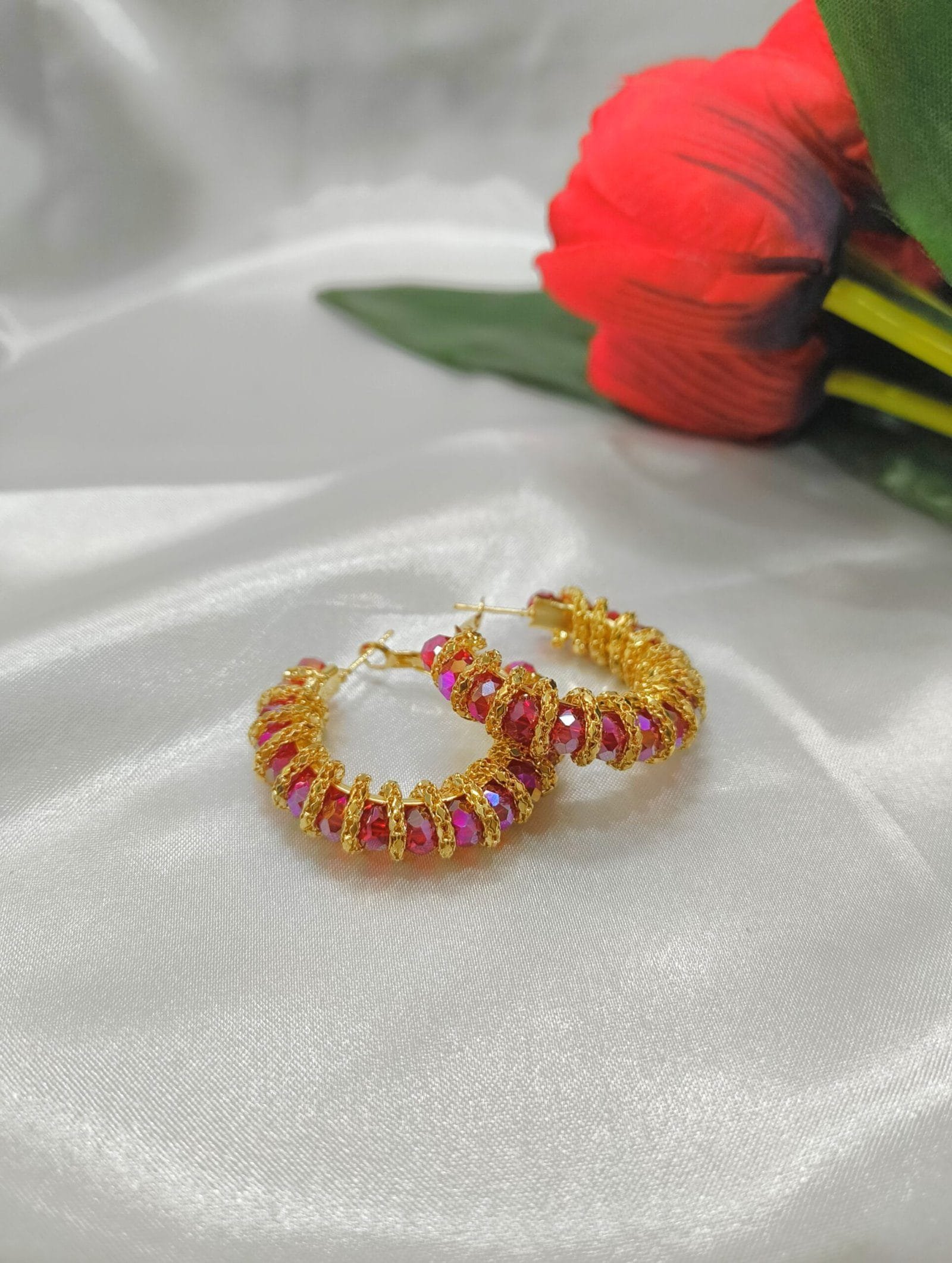 Gold Plated Red Crystal Beaded Hoop Earrings for Women & Girls – Festive and Party Wear