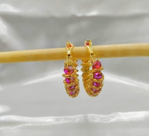 Gold Plated Red Crystal Beaded Hoop Earrings for Women & Girls – Festive and Party Wear