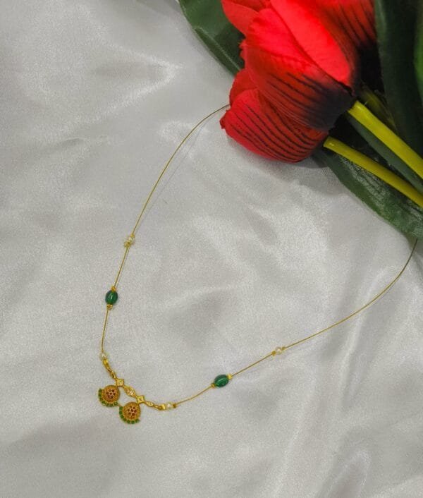 Gold Plated Green & Pink CZ Studded Invisible Chain Necklace – Traditional Lightweight Daily Wear Jewelry