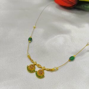 Gold Plated Green & Pink CZ Studded Invisible Chain Necklace – Traditional Lightweight Daily Wear Jewelry