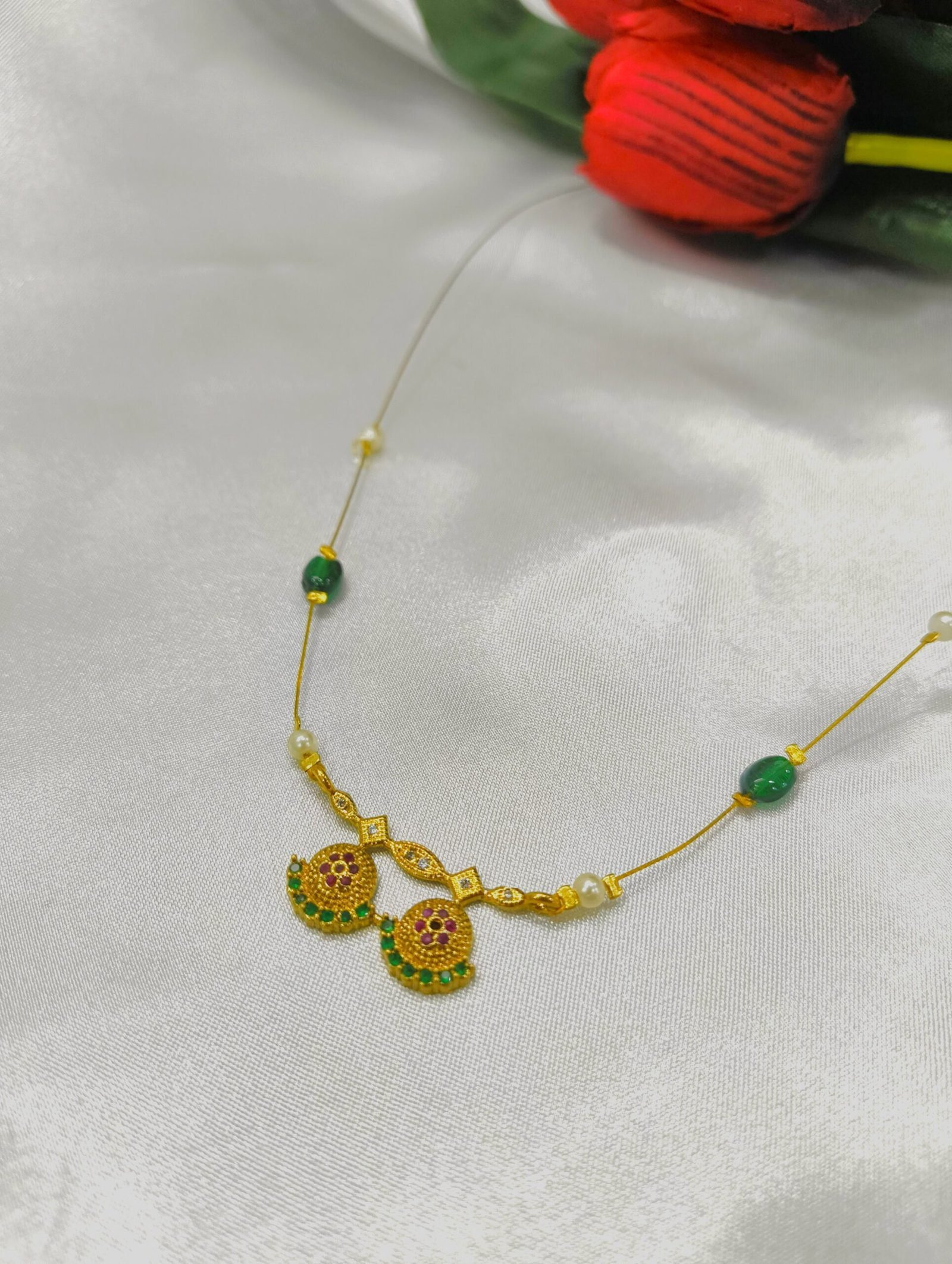 Gold Plated Green & Pink CZ Studded Invisible Chain Necklace – Traditional Lightweight Daily Wear Jewelry