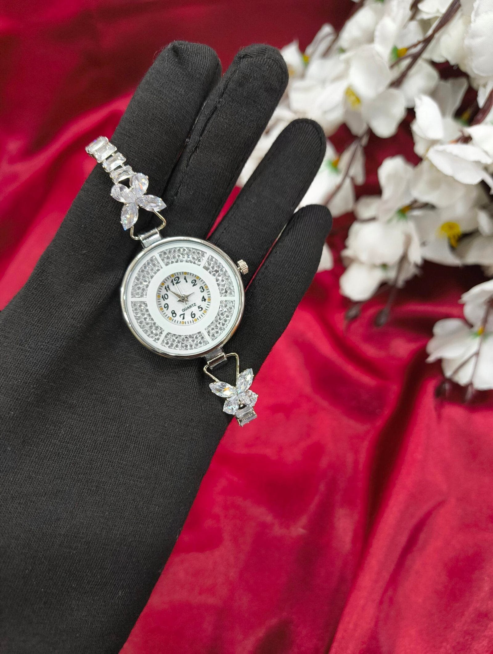 Rhodium Plated AD Studded Round Dial Analog Bracelet Watch for Women & Girls – Elegant Stylish Party Wear Wristwatch
