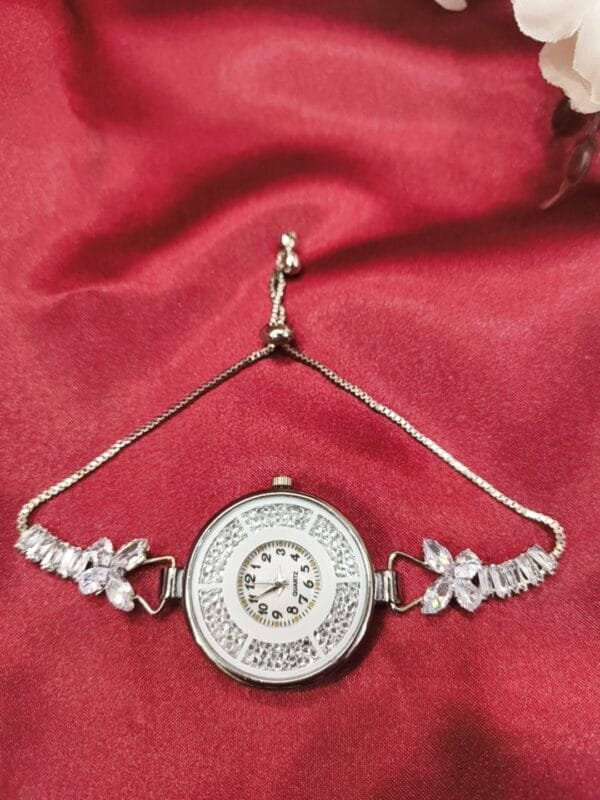 Rhodium Plated AD Studded Round Dial Analog Bracelet Watch for Women & Girls – Elegant Stylish Party Wear Wristwatch