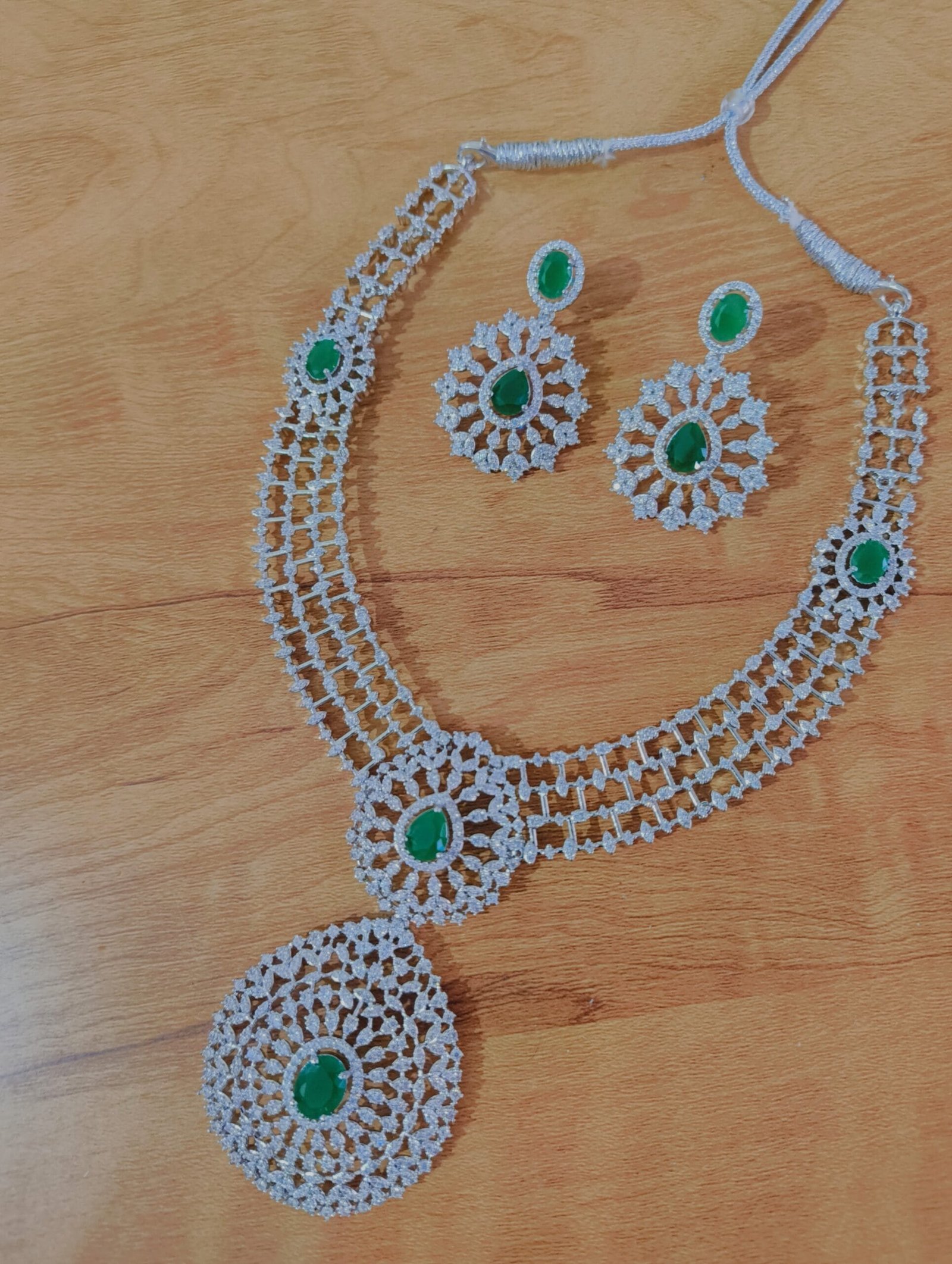 Rhodium Plated CZ Emerald Studded Diamond Necklace Set with Earrings – Bridal & Party Wear Jewelry