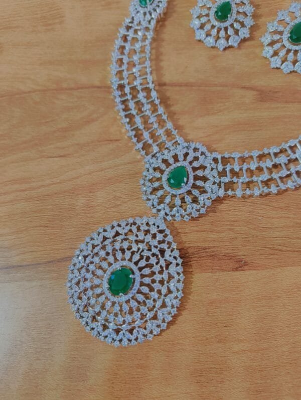 Rhodium Plated CZ Emerald Studded Diamond Necklace Set with Earrings – Bridal & Party Wear Jewelry