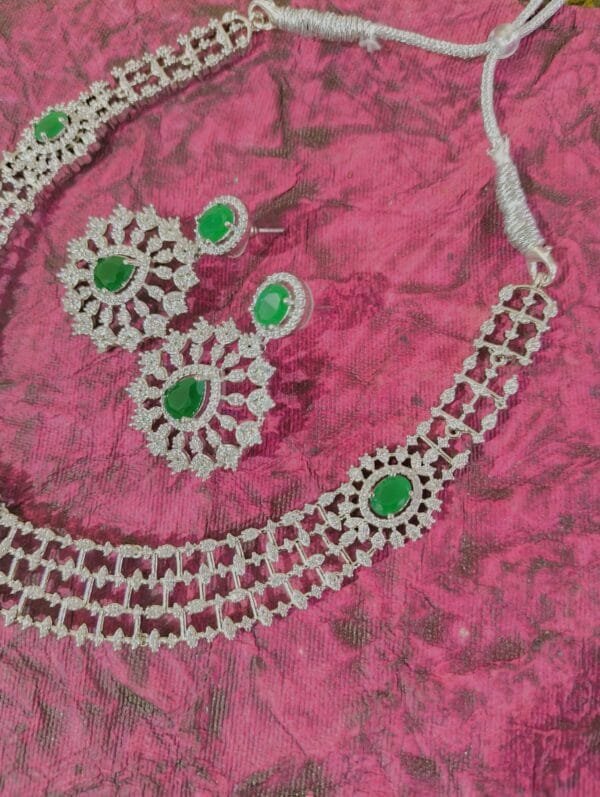 Rhodium Plated CZ Emerald Studded Diamond Necklace Set with Earrings – Bridal & Party Wear Jewelry