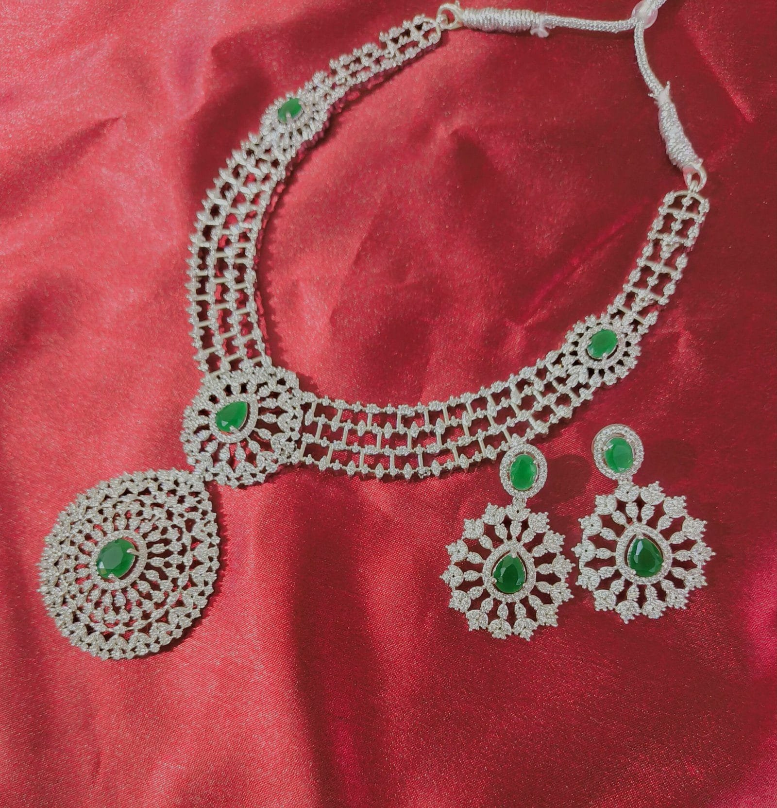 Rhodium Plated CZ Emerald Studded Diamond Necklace Set with Earrings – Bridal & Party Wear Jewelry