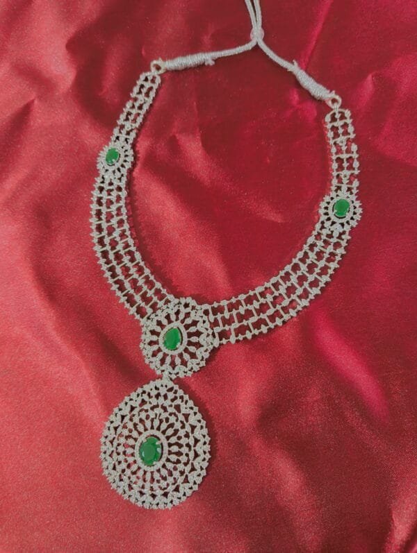 Rhodium Plated CZ Emerald Studded Diamond Necklace Set with Earrings – Bridal & Party Wear Jewelry