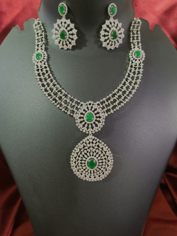 Rhodium Plated CZ Emerald Studded Diamond Necklace Set with Earrings – Bridal & Party Wear Jewelry