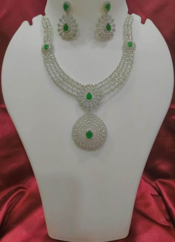 Rhodium Plated CZ Emerald Studded Diamond Necklace Set with Earrings – Bridal & Party Wear Jewelry