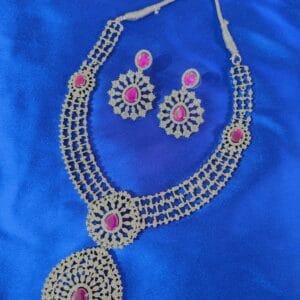 Rhodium Plated CZ Ruby Studded Diamond Necklace Set with Earrings – Bridal & Ethnic Party Wear Jewelry