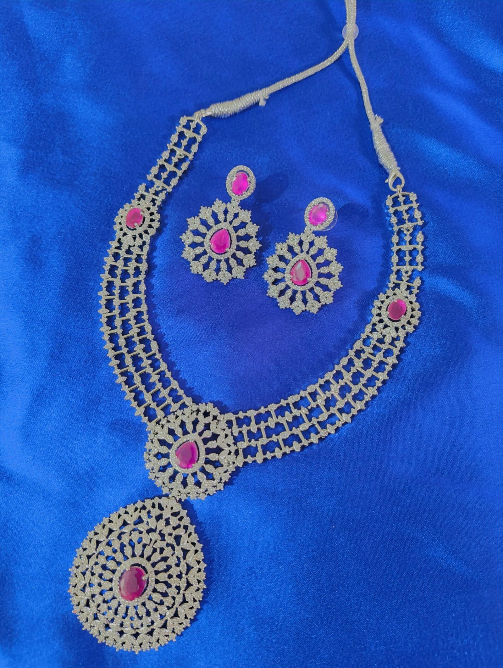 Rhodium Plated CZ Ruby Studded Diamond Necklace Set with Earrings – Bridal & Ethnic Party Wear Jewelry