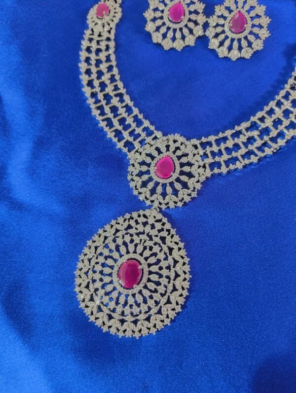 Rhodium Plated CZ Ruby Studded Diamond Necklace Set with Earrings – Bridal & Ethnic Party Wear Jewelry
