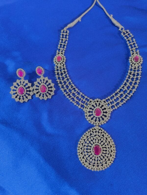 Rhodium Plated CZ Ruby Studded Diamond Necklace Set with Earrings – Bridal & Ethnic Party Wear Jewelry