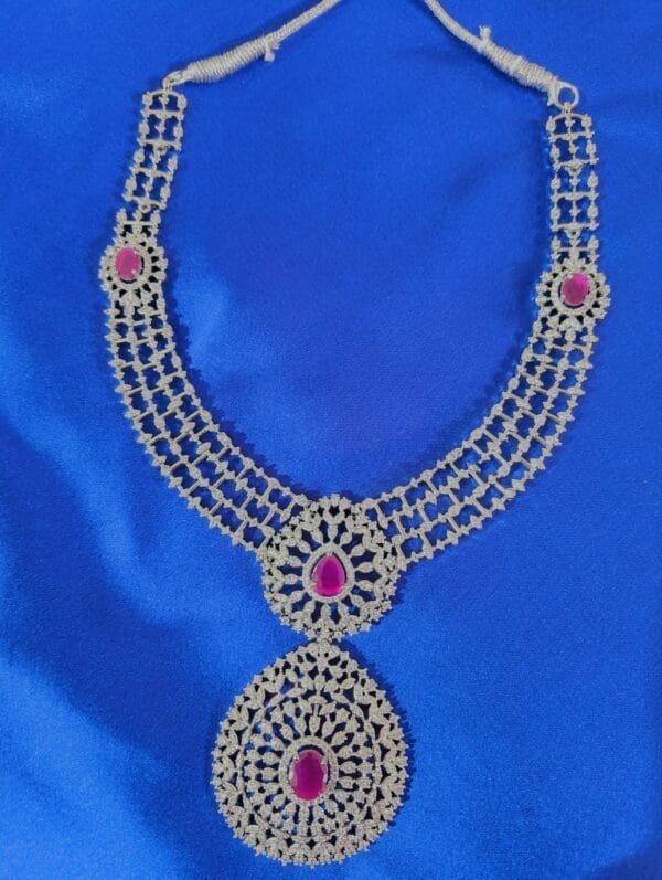 Rhodium Plated CZ Ruby Studded Diamond Necklace Set with Earrings – Bridal & Ethnic Party Wear Jewelry