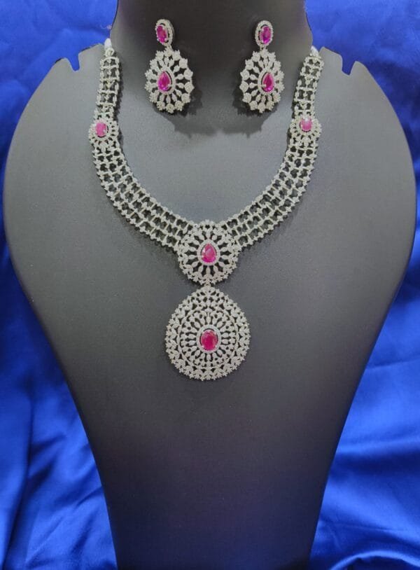 Rhodium Plated CZ Ruby Studded Diamond Necklace Set with Earrings – Bridal & Ethnic Party Wear Jewelry