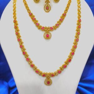 1 Gram Gold Plated CZ Ruby Studded Diamond Combo Necklace Set with Earrings & Maang Tikka