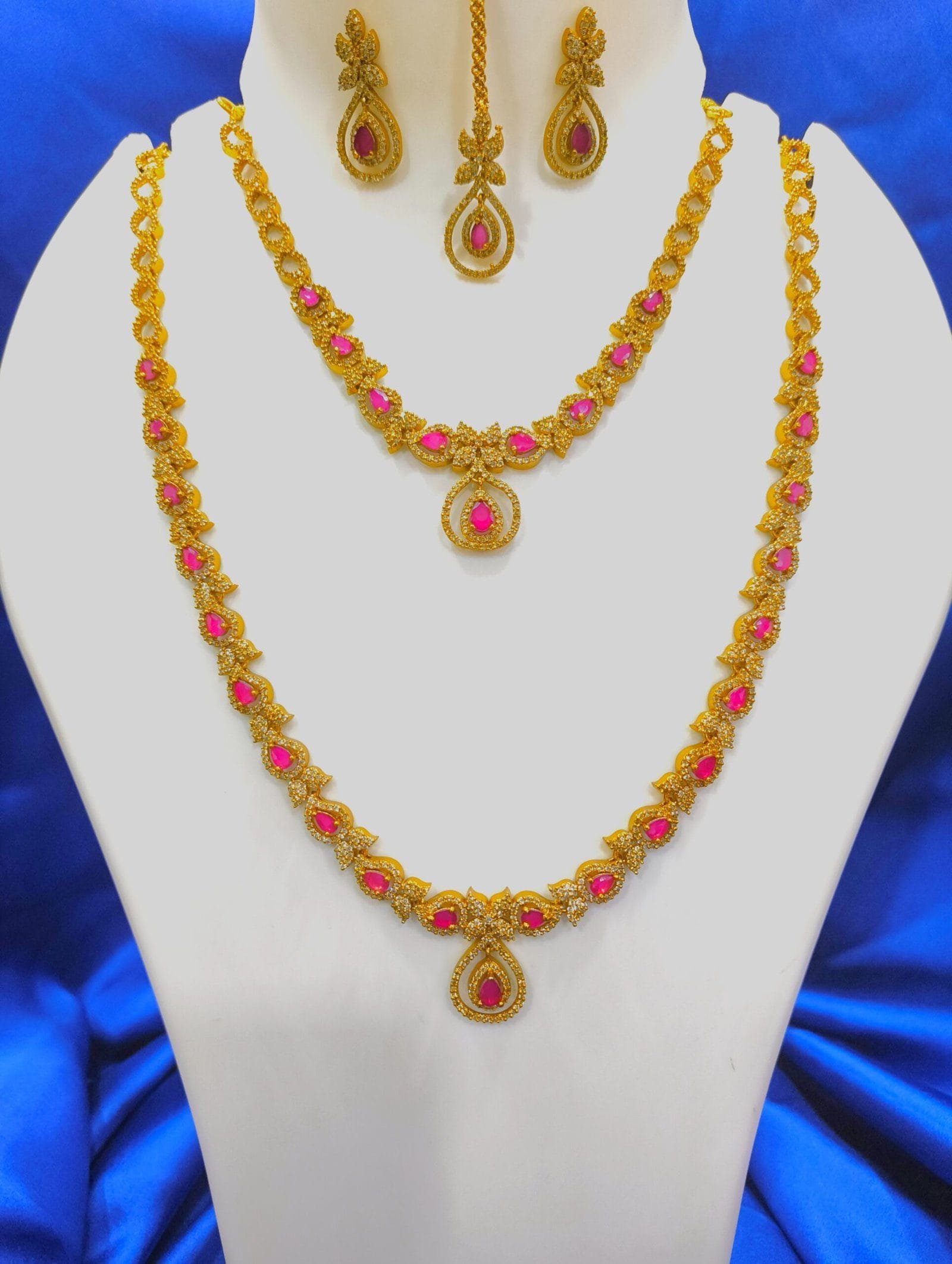 1 Gram Gold Plated CZ Ruby Studded Diamond Combo Necklace Set with Earrings & Maang Tikka