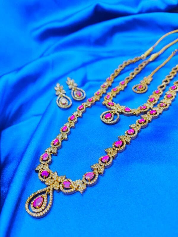 1 Gram Gold Plated CZ Ruby Studded Diamond Combo Necklace Set with Earrings & Maang Tikka