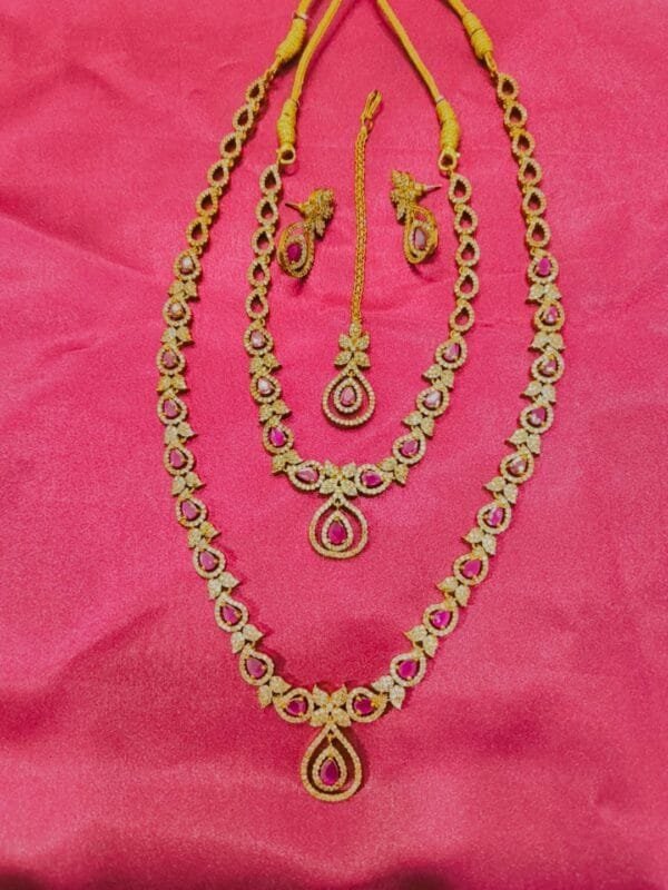 1 Gram Gold Plated CZ Ruby Studded Diamond Combo Necklace Set with Earrings & Maang Tikka