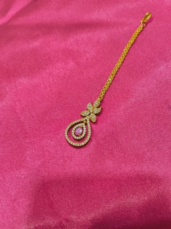 1 Gram Gold Plated CZ Ruby Studded Diamond Combo Necklace Set with Earrings & Maang Tikka
