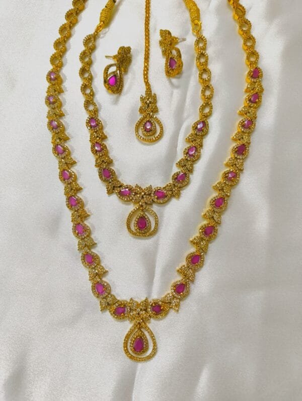 1 Gram Gold Plated CZ Ruby Studded Diamond Combo Necklace Set with Earrings & Maang Tikka