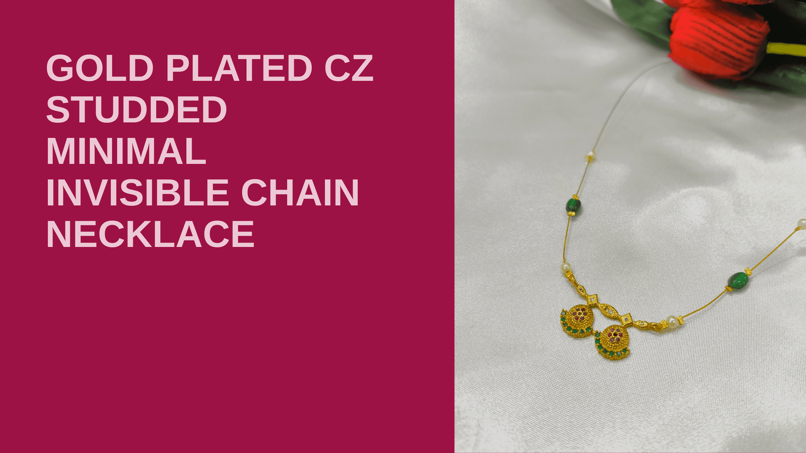 Gold Plated Green & Pink CZ Studded Invisible Chain Necklace – Traditional Lightweight Daily Wear Jewelry