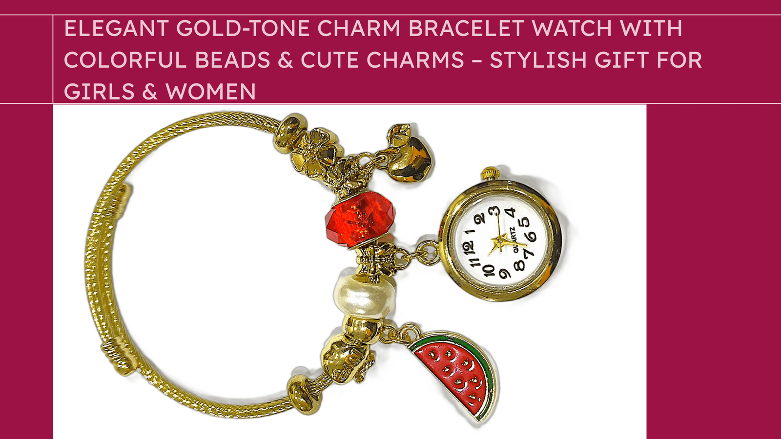 Elegant Gold-Tone Charm Bracelet Watch with Colorful Beads & Cute Charms – Stylish Gift for Girls & Women