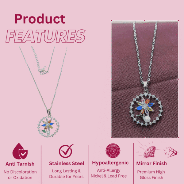 Rhodium Plated CZ AD Studded Anti-Tarnish Chain Necklace Pendant for Women & Girls – Multicolor Floral Design