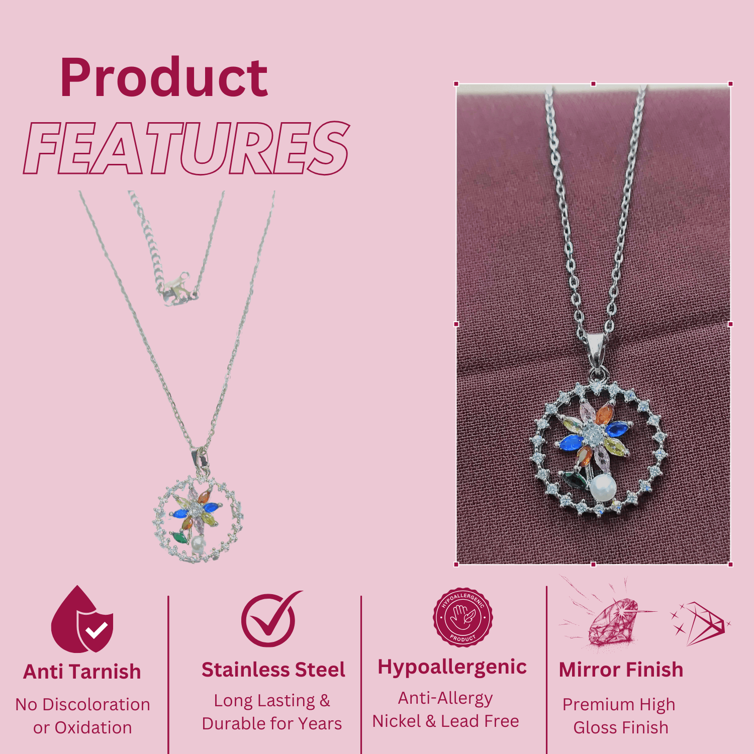 Rhodium Plated CZ AD Studded Anti-Tarnish Chain Necklace Pendant for Women & Girls – Multicolor Floral Design