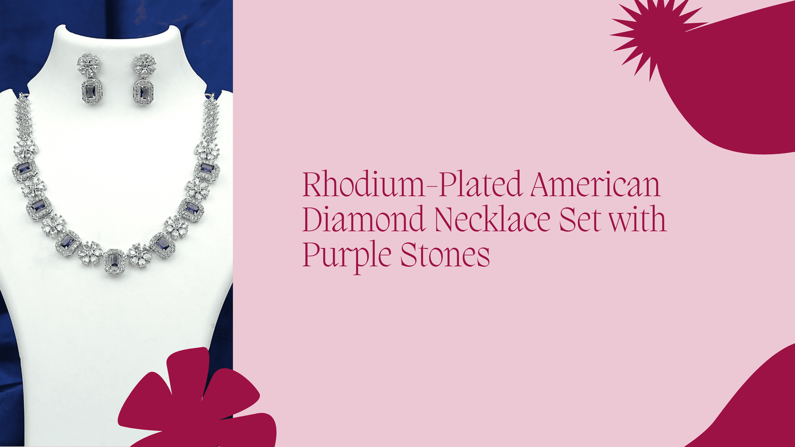 Rhodium-Plated American Diamond Necklace Set with Purple Stones