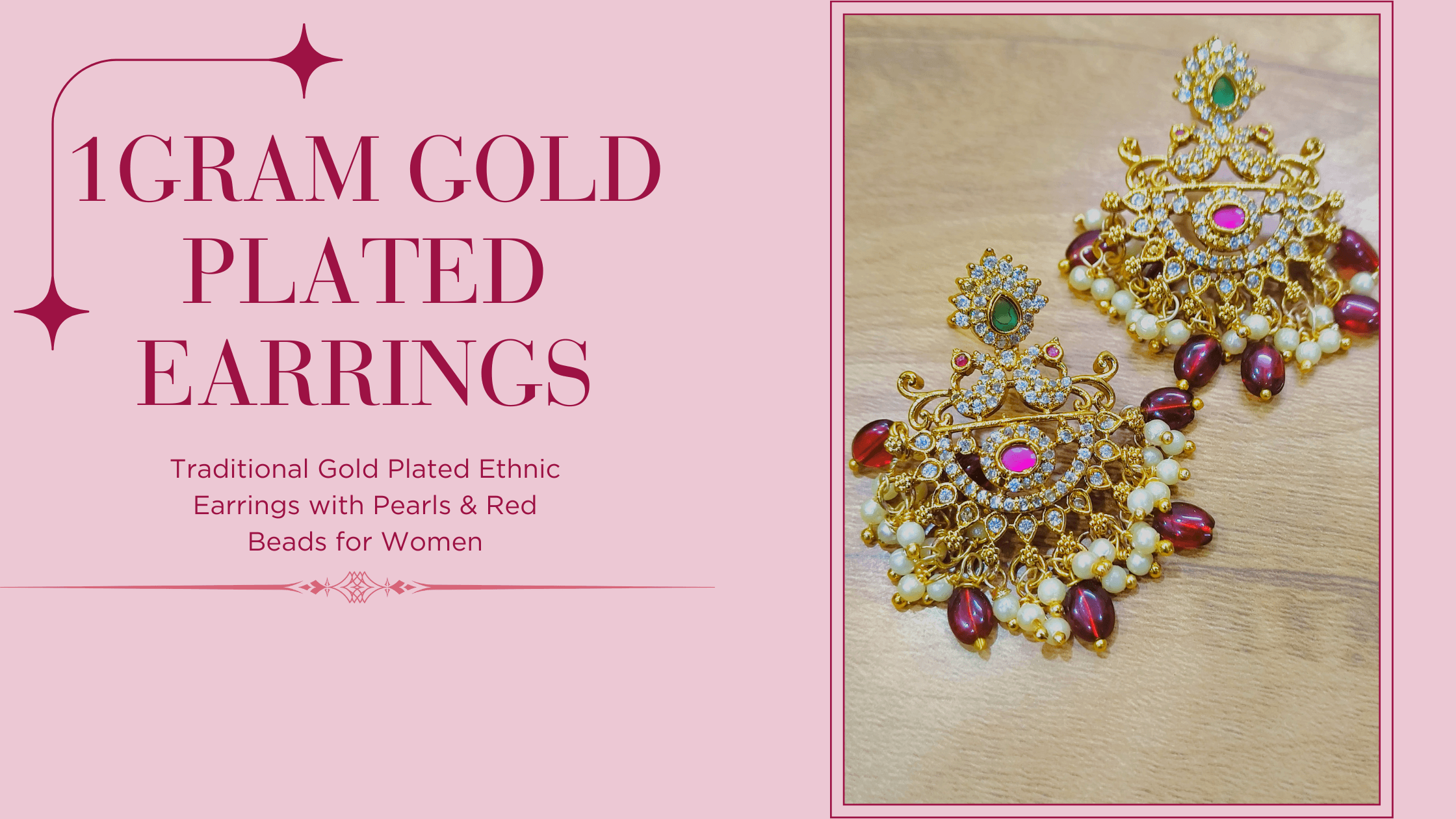 Traditional Gold Plated Ethnic Earrings with Pearls & Red Beads for Women