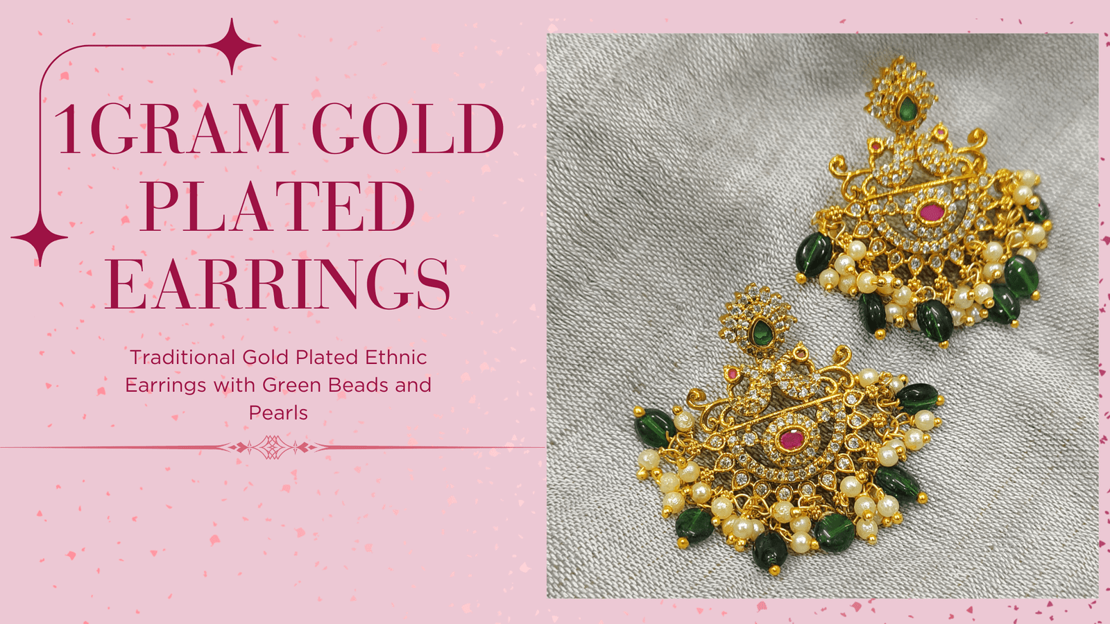 Traditional Gold Plated Ethnic Earrings with Green Beads and Pearls